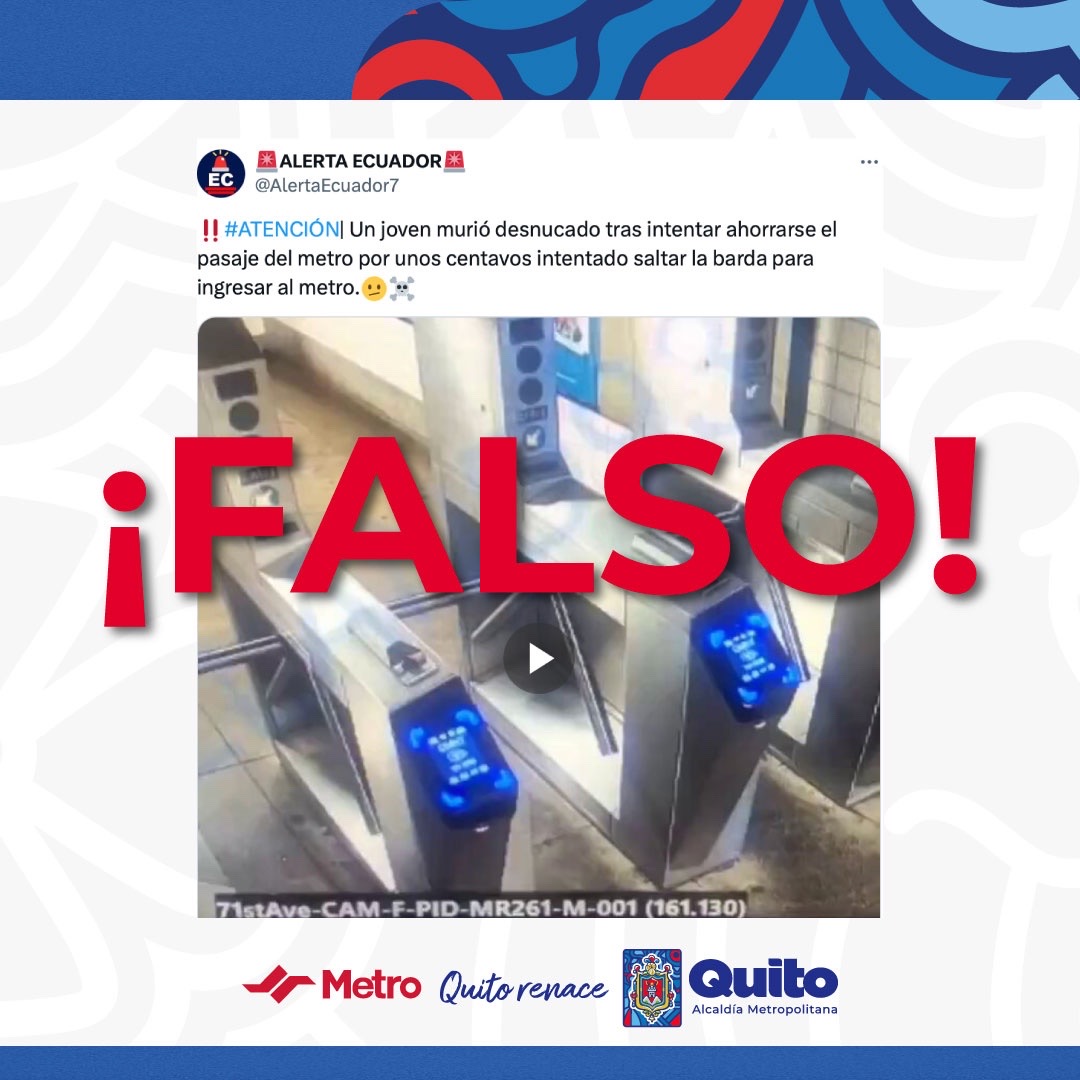 🚇 #ElMetroDeQuitoRenace | Informamos a la ciudadania que esta noticia que circula en redes sociales es falsa y pertenece a una noticia del 2012 en otro sistema Metro. Instamos a nuestros usuarios a informarse por nuestras redes oficiales. #QuitoRenace