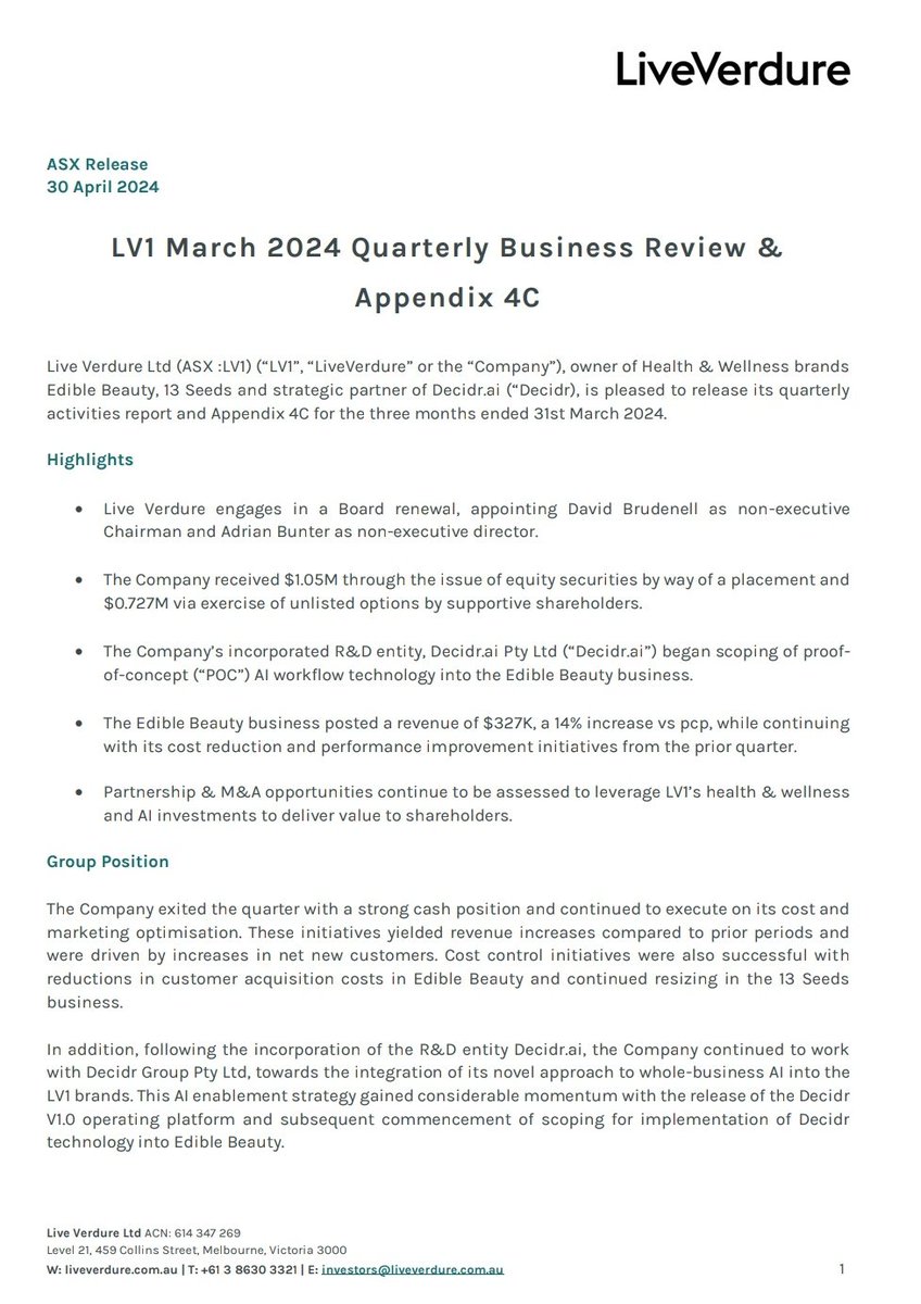 Live Verdure #LV1 continued the expansion and maturation of its go-to-market team and strategy of Decidr.AI over the quarter. Also importantly #LV1 received $1.77M through a placement and exercise of unlisted options. Full announcement: cdn-api.markitdigital.com/apiman-gateway…