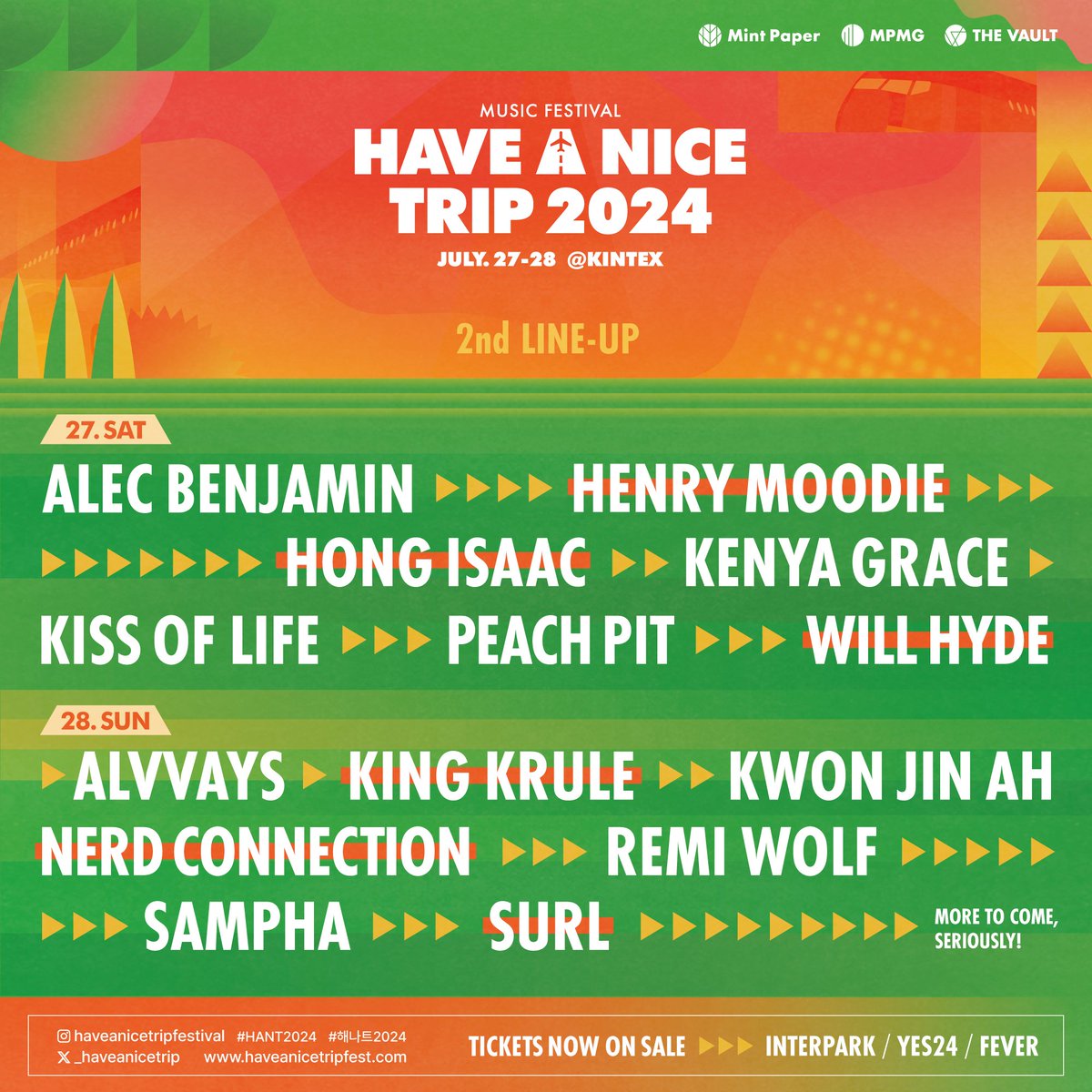 _haveanicetrip's tweet photo. HAVE A NICE TRIP 2차 라인업

[07.27 SAT]
Henry Moodie 헨리 무디
홍이삭 HONG ISAAC
will hyde 윌 하이드

[07.28 SUN]
King Krule 킹 크룰
너드커넥션 Nerd Connection
SURL

MORE TO COME, SERIOUSLY!

✦ 예매처 : 인터파크 티켓, Yes24 티켓, Fever
✦ 티켓가 : 1일권 132,000원

#해나트 https://t.co/vyDZJIfD7o