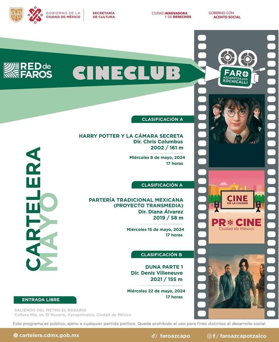 🎥CARTELERA CINECLUB MAYO . Cartelera de cine para este mes. 🍿Recuerda traer tus palomitas🍿 . 🗓️ Miércoles 8, 15 y 22 de mayo, 2024 🕑17 horas . 🏵️FARO Azcapotzalco Xochicalli, donde florece la cultura🏵️ #CineEnLaCiudad #CineClub #PROCINE #CineLibre