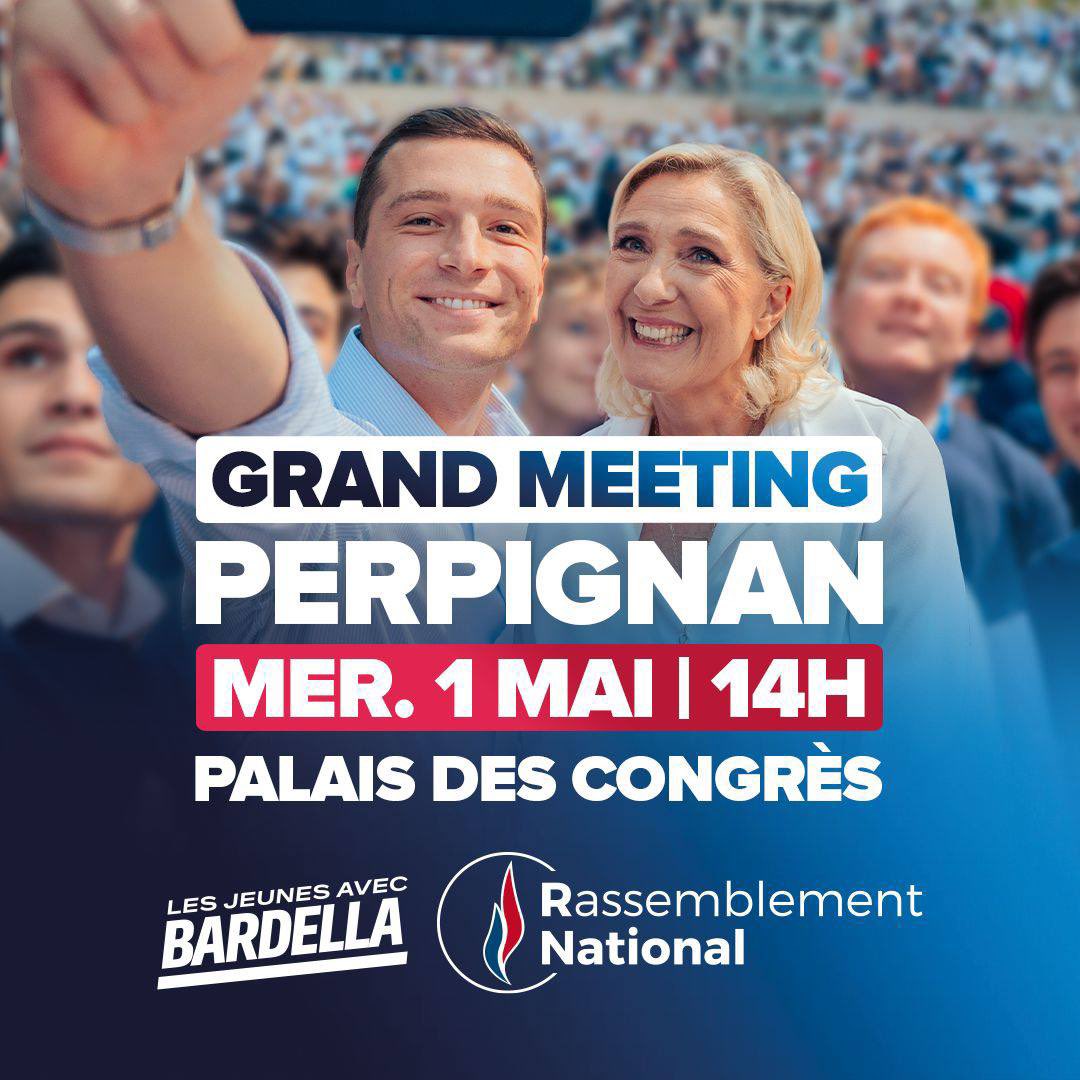 🇨🇵 Le rendez-vous c’est Mercredi au meeting de @J_Bardella et @MLP_officiel à Perpignan pour le traditionnel 1er mai à 14H au Palais des Congrès de Perpignan 🇫🇷 ! 

Pour y assister ➡️ urlz.fr/qhQz

#VivementLe9Juin #RassemblementNational #Europeennes2024