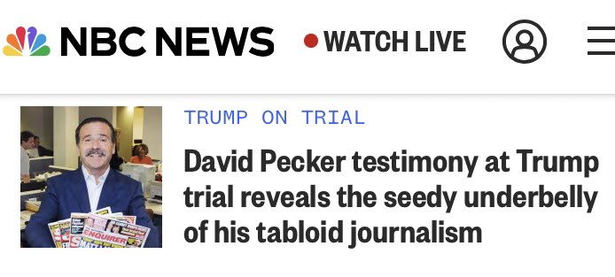 Pecker’s testimony “reveals the seedy underbelly of his tabloid journalism.” Yes, quite a “revelation.” Because until this trial we thought the National Enquirer was like the New York Review of Books.