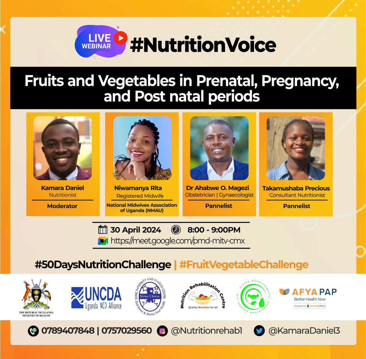 Are you preparing for Pregnancy? Have you delivered ? Or still pregnant, this is for you 
💃🏼💃🏼💃🏼💃🏼
On Day 12/50 in the FruitVegetableIntakeCampaign, join us as we discuss prenatal health needs.
meet.google.com/pmd-mitv-cmx.

#NutritionistVoice | #FruitsbandVegetableIntakeCampaign