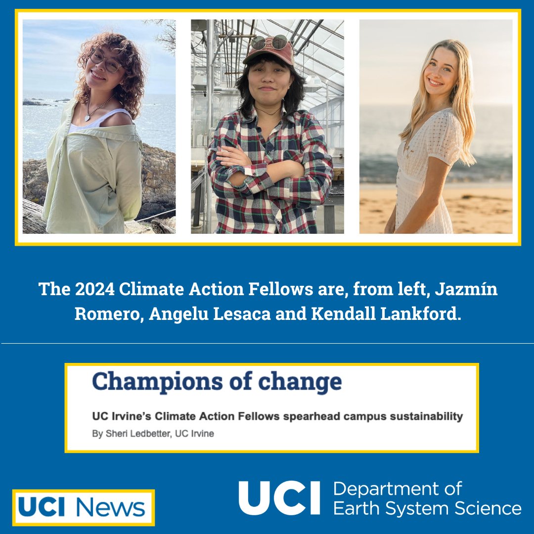 Meet UCI's 2024 Climate Fellows: Jazmín Romero, Angelu Lesaca, & Kendall Lankford. Transforming their environmental science studies into actions that inspire change. Read their stories: news.uci.edu/2024/04/22/cha… #uciess