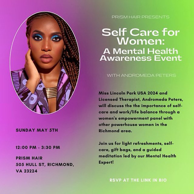 Kicking off #MentalHealthAwarenessMonth 🧠 with my next women’s self-care panel with Prism Hair in Richmond, VA and amazing panelists! ⚡️ #yourmindmattersglobal #therapist #selfcare #mentalhealth 

Tickets 🎟️ below: 🙃

selfcareforprofessionalwo.rsvpify.com/?securityToken…