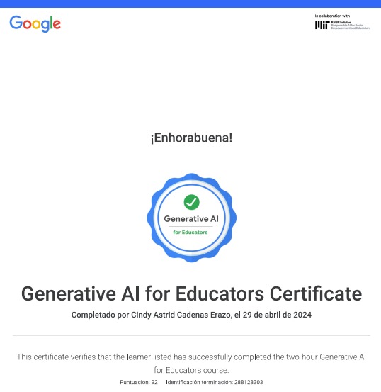 I'm happy to get my certificate in Generative AI for Educators by grow with Google. 😊
@iadc0702