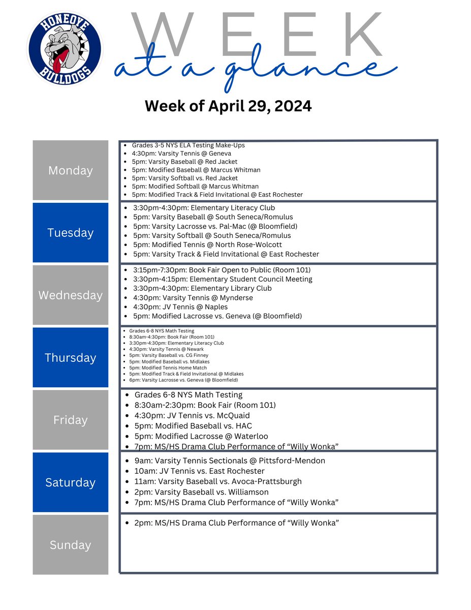 👀 what's going on this week at HCS. Most updated info can always be found at honeoye.org. #HoneoyeProud 🐾🔵⚪️