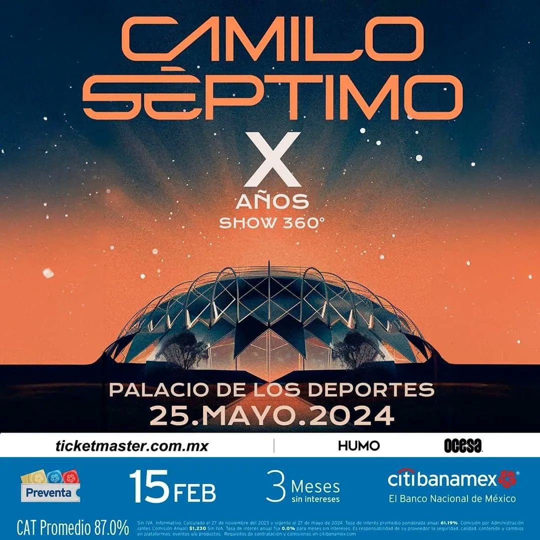 #Conciertos Se acerca la esperada celebración de diez años de @CamiloVIImx en el #PalacioDeLosDeportes Con un espectáculo a 360 grados, la banda mexicana festejará con sus fans una década de éxitos 🎟️🎟️ vía @Ticketmaster_Me Presentan Ocesa