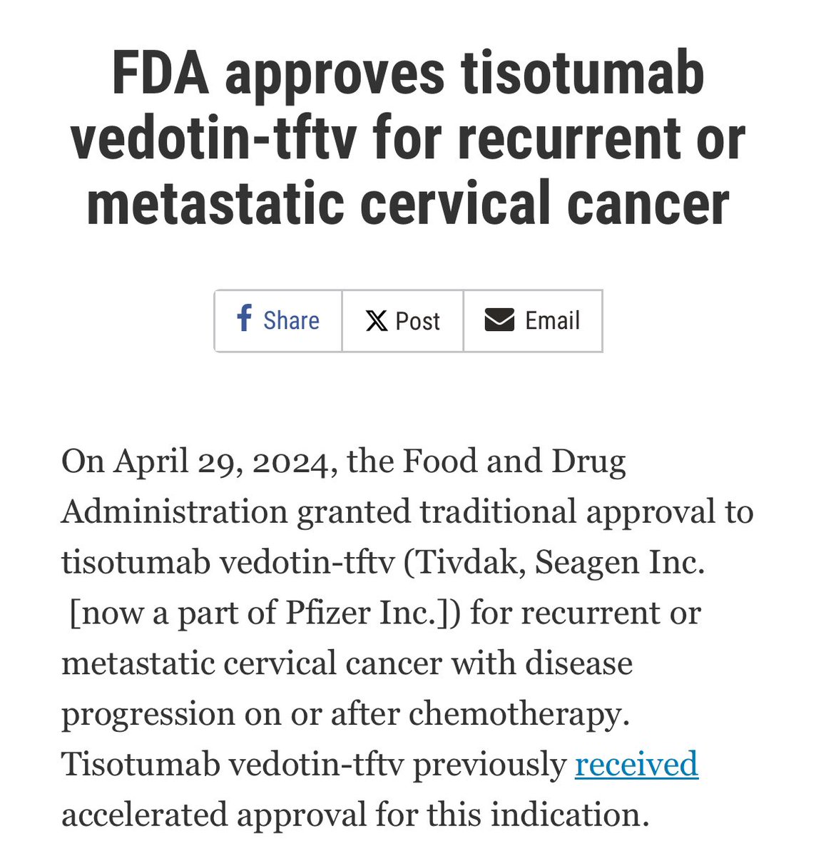 A little under the shadow of DESTINY-Breast06, but…

On September 20, 2021, FDA granted accelerated approval to tisotumab vedotin. 

Today FDA fully approves tisotumab vedotin for recurrent or metastatic cervical cancer. 

fda.gov/drugs/resource…