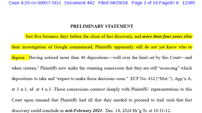 Rich. Considering Google's record in this lawsuit including pushing to have it moved to SDNY for two years, I entirely expect this rich claim to backfire in its attempt to avoid further risk in the Meta discovery and apex depositions.