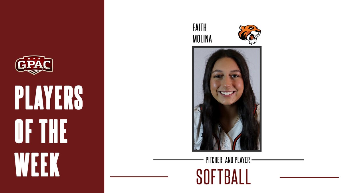 Great Plains Athletic Conference (@gpacsports) on Twitter photo SOFTBALL: Week 10 Honors - Congratulations to Faith Molina of <a href="/DoaneAthletics/">Doane Tigers π―</a> who sweeps the pitcher AND player of the week honors!
Complete Release:
bit.ly/gpac-sb-10 SOFTBALL: Week 10 Honors - Congratulations to Faith Molina of <a href="/DoaneAthletics/">Doane Tigers π―</a> who sweeps the pitcher AND player of the week honors!
Complete Release:
bit.ly/gpac-sb-10