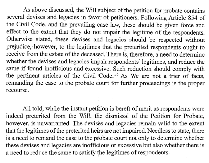 ohlistic's tweet photo. SC: There is preterition if the only property bestowed in the will by testator to certain compulsory heirs is found to have not actually been owned by testator; however the will could still be enforced as to other legacies and devices that are not excessive. https://t.co/i27X08COsl