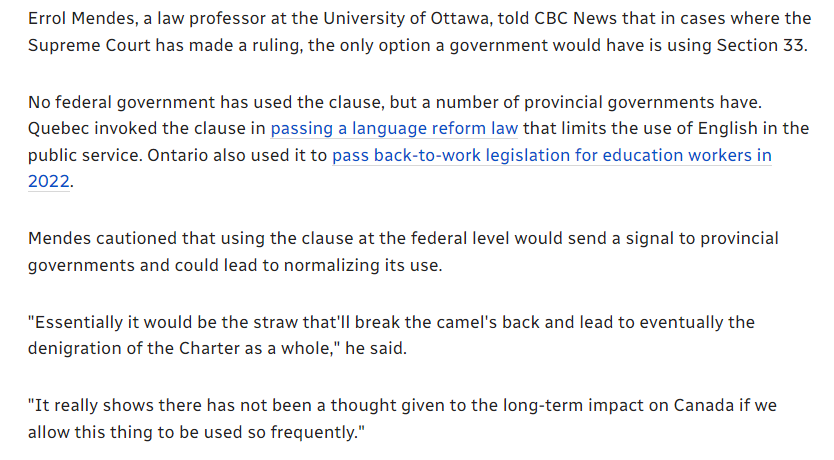 The CPC using the NWC s.33 would be the destruction of the Charter. A known law professor, Errol Mendes, says 'it would be the straw that'll break the camel's back and lead to eventually the denigration of the Charter as a whole'. #cdnpoli #cdnmedia