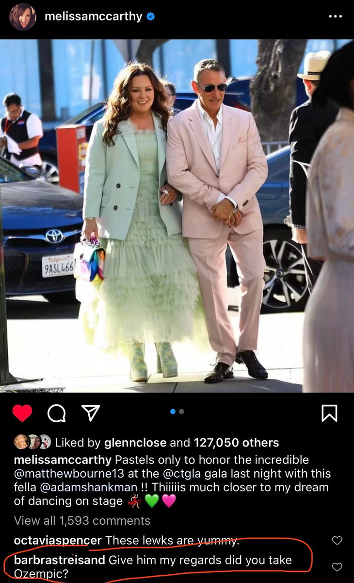 I thought this was photoshopped until I went on Melissa’s IG page. Babs, that was savage and unnecessary. 😮‍💨😮‍💨 check the circled comment at the bottom! 👁️👁️#melissamccarthy #barbrastreisand