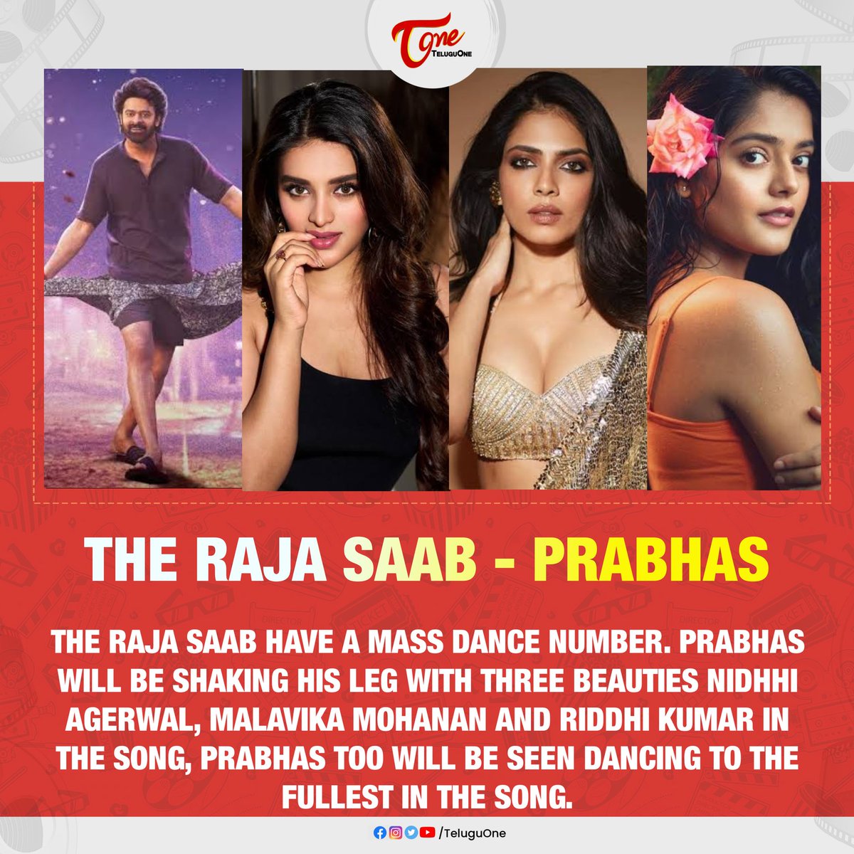 #TheRajaSaab have a mass dance number. #Prabhas will be shaking his leg with three beauties #NidhhiAgerwal , #MalavikaMohanan and #RiddhiKumar in the song, Prabhas too will be seen dancing to the fullest in the song.