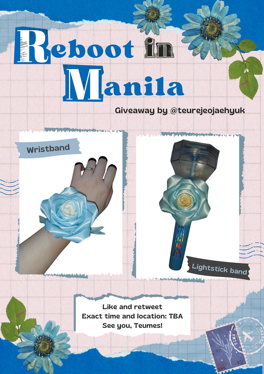 What's up, Teumes?! Are you ready?

I'll be giving away limited flower wristbands/lightstick bands on May 4!

- like and rt
- 1:1 only
- exact time and location TBA

#TREASURE_REBOOT_IN_MANILA #TREASURE #트레저 @treasuremembers giveaway freebies fan support