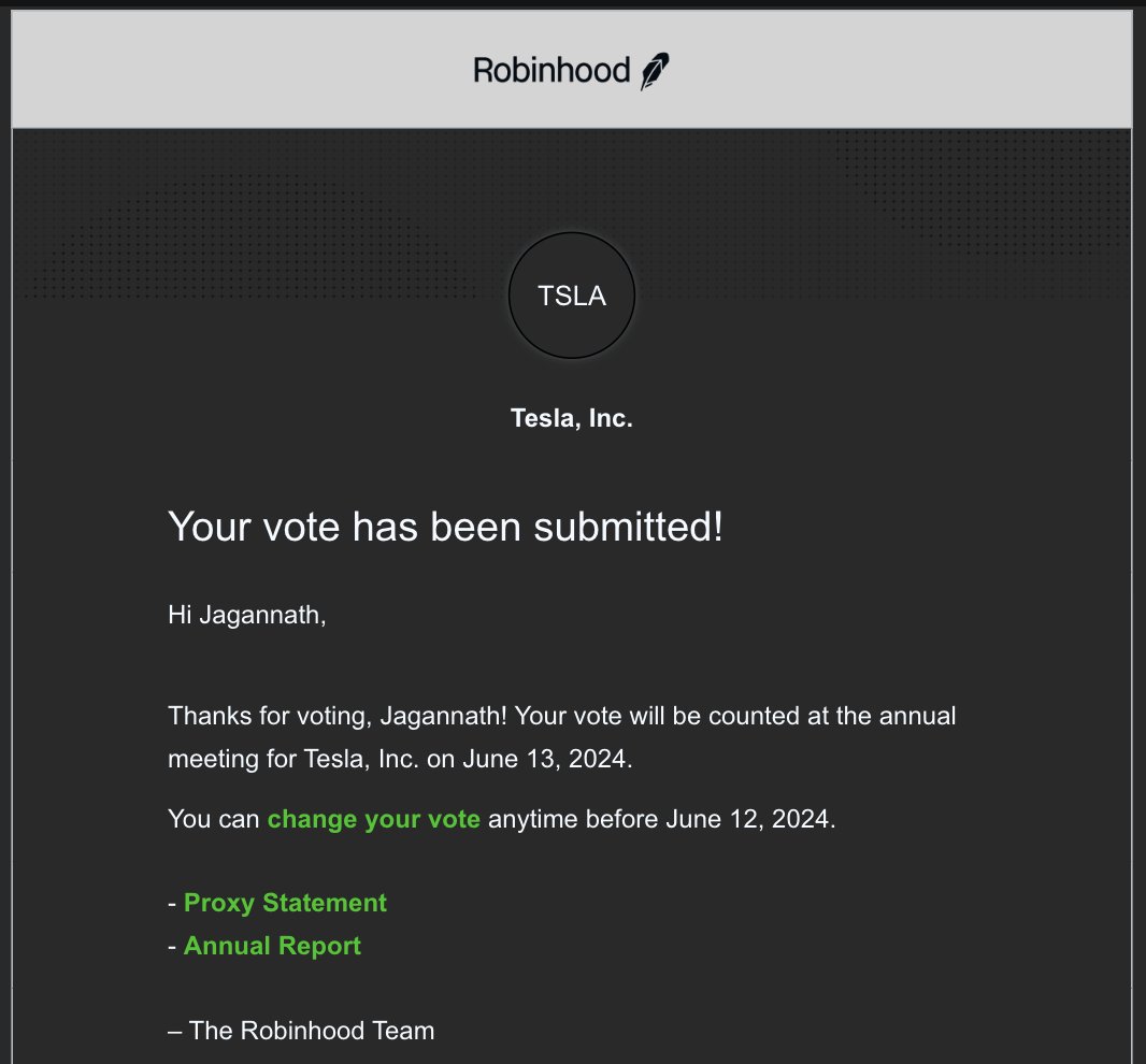 #VotedTesla24 
Voted by agreeing with all Tesla Board Recommendations! 
cc: <a href="/TeslaBoomerMama/">Ale𝕏andra Merz 🇺🇲</a> <a href="/elonmusk/">Elon Musk</a>
