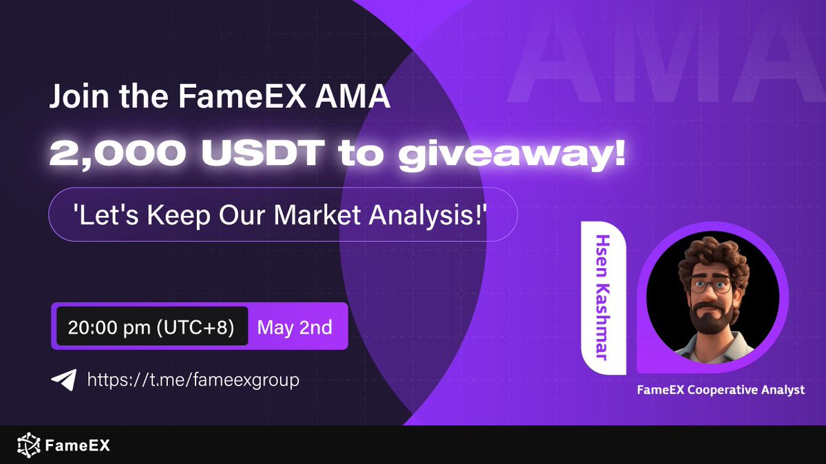 🔥 Join #FameEX Market Analysis AMA 🎁 2,000 USDT to Give Away! ⏰ 8:00 PM on May 2nd (UTC+8) 💜 Follow @FameEXGlobal 💜 Pre-AMA Campaign: 1,950 USDT Complete the tasks here first 🔽 gleam.io/PnHBU/join-the… 📍 AMA Venue: t.me/fameexgroup #giveaway #bonus