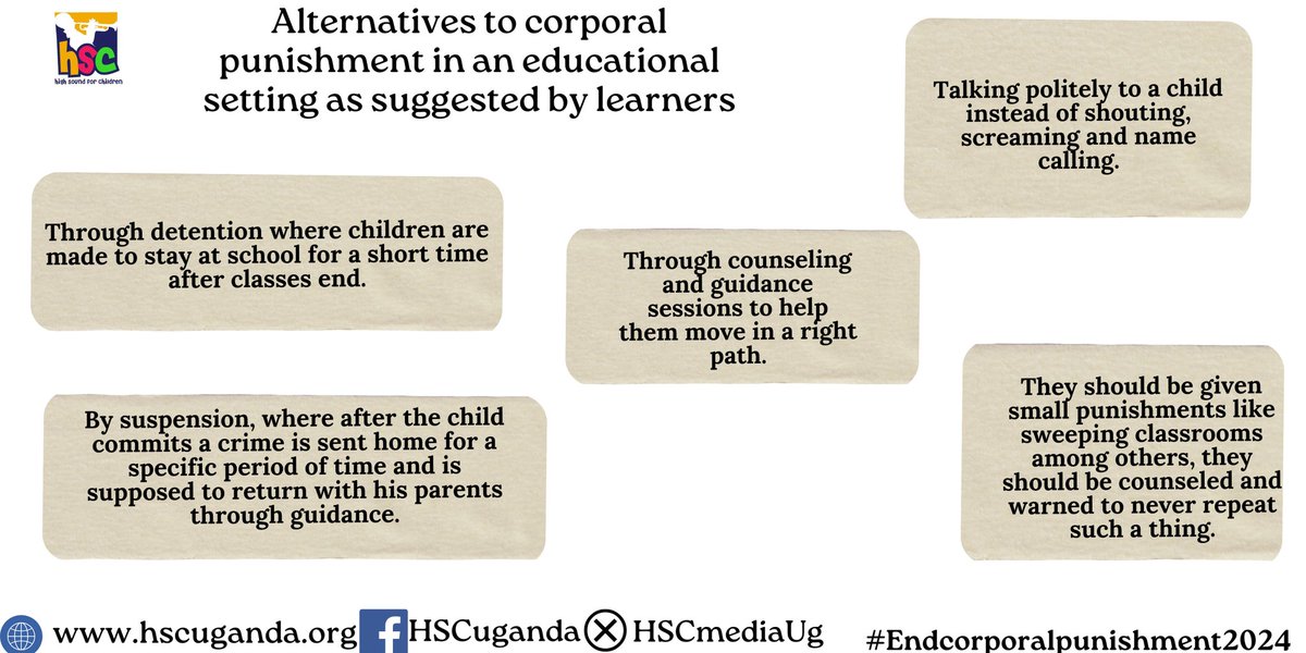 Today is the International Day to #EndCorporalPunishment . Corporal punishment is any punishment where physical force is used with the intention to cause pain/discomfort. Children from the schools where we work shared some of the alternatives to corporal punishment.