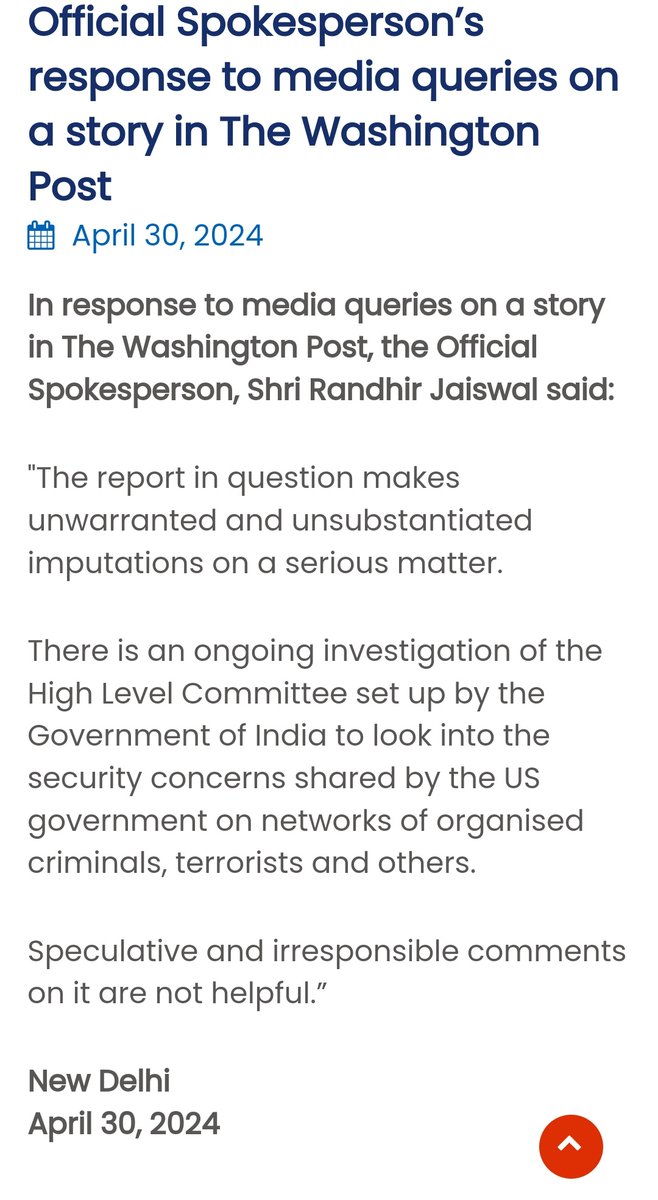 Just in: India rejects the Washington Post story. MEA in a statement says,'The report in question makes unwarranted and unsubstantiated imputations on a serious matter'; points to ongoing investigation.