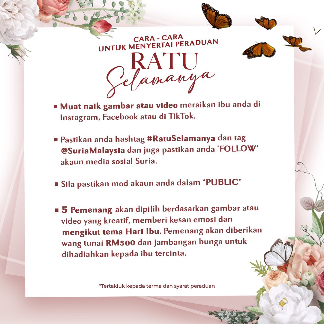 Ibu ibu, engkaulah ratu hatiku 🎶

Raikan Ibu Anda Sempena Hari Ibu Tahun Ini bersama Suria! Menangi RM500 dan jambangan bunga untuk Ratu anda.

Macam mana nak menang? Ikuti cara - cara penyertaan yang telah disediakan. 
#RatuSelamanya #SuriaMalaysia #SegalanyaHiburan #Suria7