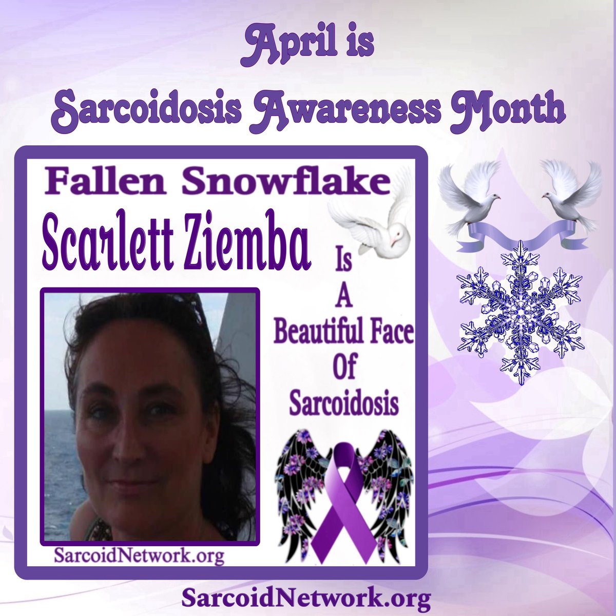 This is our Sarcoidosis Sister Fallen Snowflake Scarlett Ziemba and she is a Beautiful Face of Sarcoidosis!💜 #Sarcoidosis #raredisease #preciousmemories #patientadvocate #sarcoidosisadvocate #beautifulfacesofsarcoidosis #sarcoidosisawarenessmonth