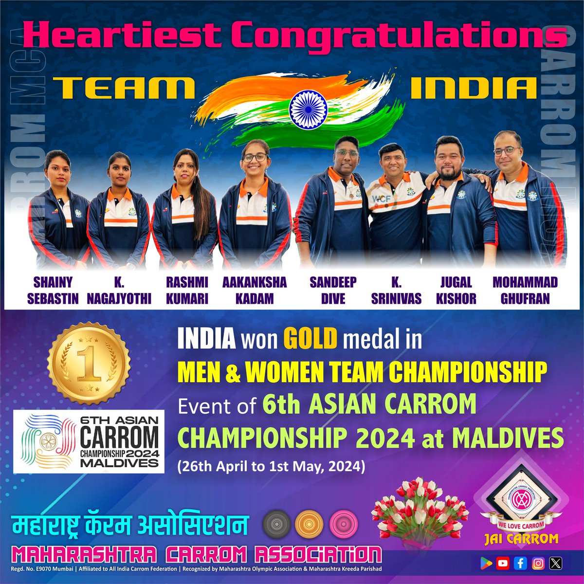 Heartiest Congratulations! INDIAN CARROM TEAM.
INDIA won GOLD Medal in MEN & WOMEN TEAM CHAMPIONSHIP Event of 6th ASIAN CARROM CHAMPIONSHIP 2024 at MALDIVES (26th Apr to 1st May, 2024). JAI CARROM ❤️ CARROM!

 @followers @YASMinistry @kheloindia @KheloIndiaMH @MahaDGIPR