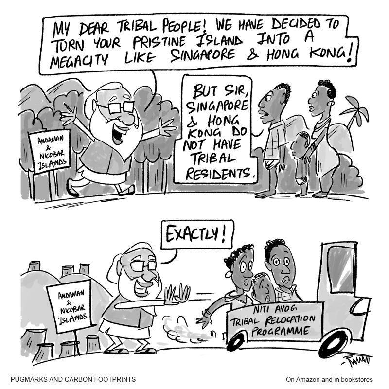 This election season, do remember that voting for development is one thing, and voting for unplanned and unmitigated development at the cost of another community's well-being, is quite another. Cartoon from my book Pugmarks and Carbon Footprints, (amazon.in/Pugmarks-Carbo…)