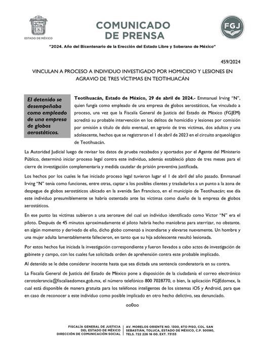 #ALMOMENTO | Fue vinculado a proceso a Emmanuel Irving “N”, dueño del globo aerostático que se desplomó en Teotihuacán el 1 abril de 2023; es investigado por homicidio y lesiones en agravio de tres víctimas