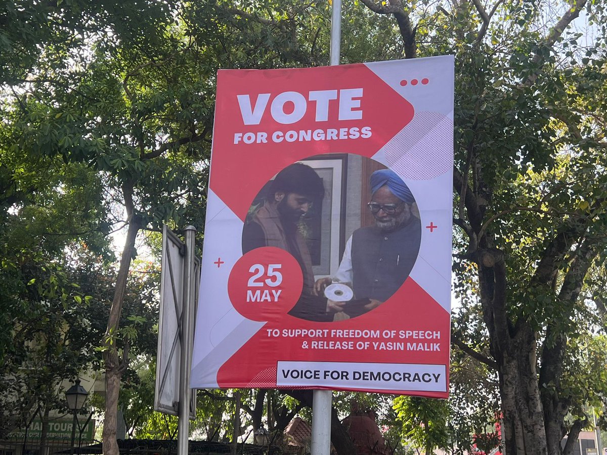 'Vote for Congress if you want freedom of Speech for Terrorist Yasin Malik'

Someone has put such posters in Delhi 🤣