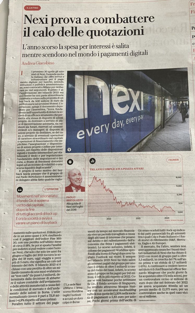 #Nexi prova a combattere il calo delle quotazioni. Su @RepubblicaAF 29/04/24. #borsaitaliana @nexipayments #pagamentidigitali @WorldlineGlobal