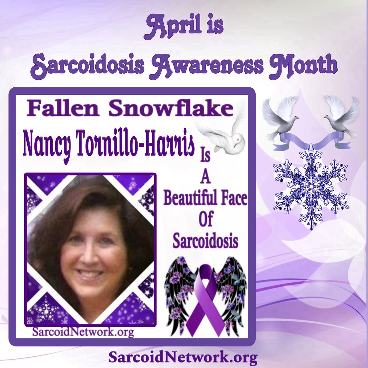 This is our Sarcoidosis Sister Fallen Snowflake Nancy Tornillo-Harris and she is a Beautiful Face of Sarcoidosis!💜 #Sarcoidosis #raredisease #preciousmemories #patientadvocate #sarcoidosisadvocate #beautifulfacesofsarcoidosis #sarcoidosisawarenessmonth