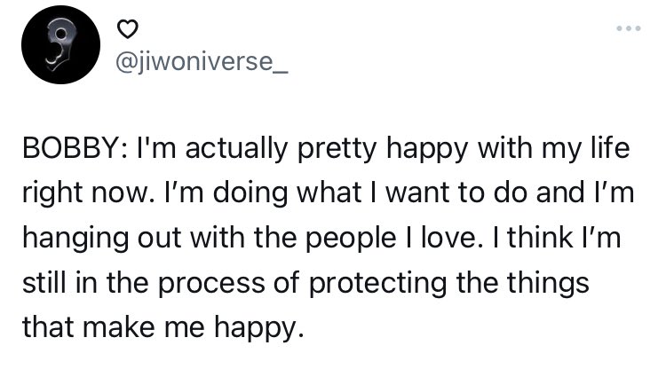 “im happy. w/ our ikon members & family too. im happy that there are beings that i have to protect' Bobby 2021

“I'm still in the process of protecting the things that make me happy” Bobby 2024

so as his fans lets do what we can to protect his happiness, protect the people that