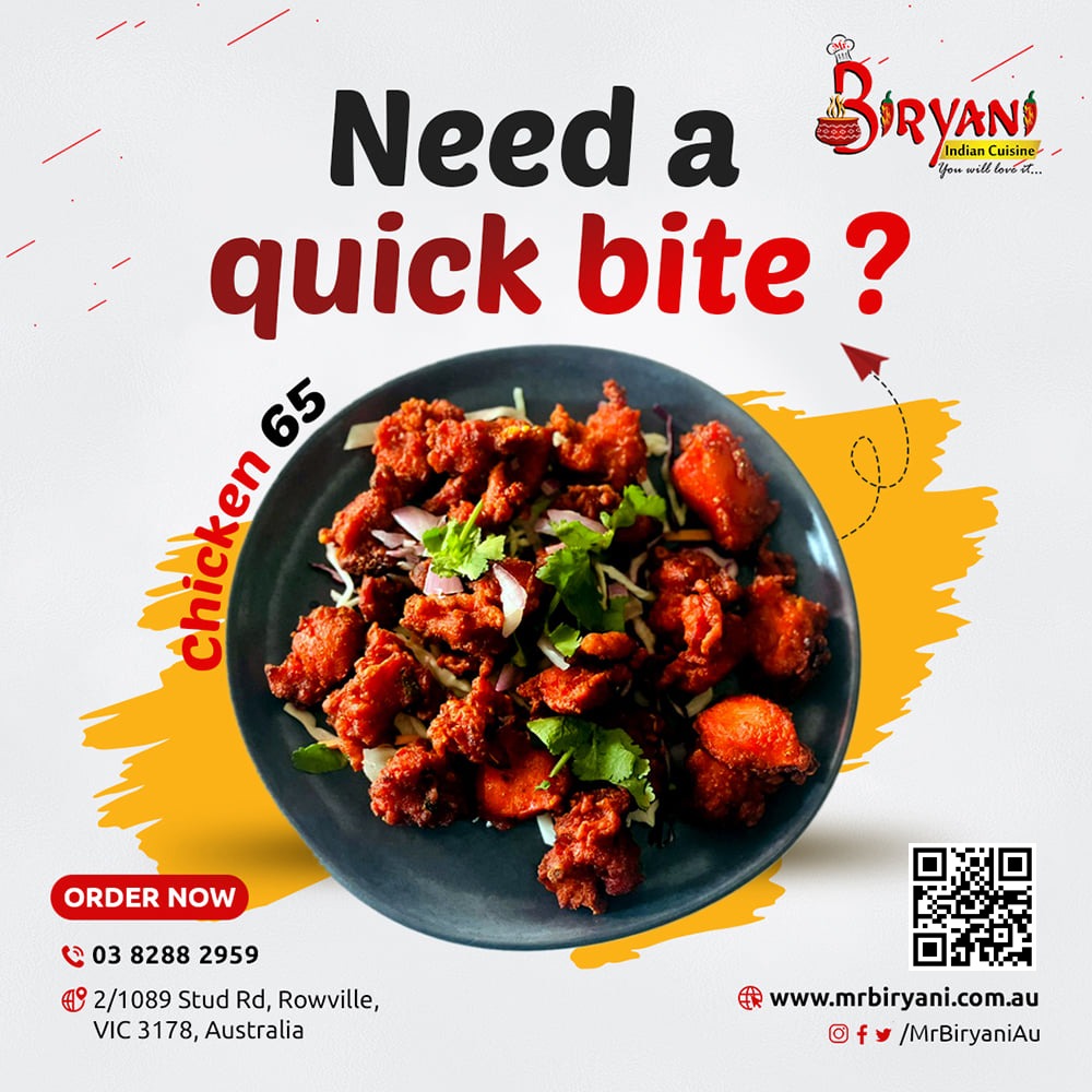 Need a quick bite? Visit Mr. Biryani Restaurant
#chicken65
#karampodichicken
#biryani
#dumbiryani
#MrBiryani 
#HyderabadBiryani
#indianrestaurant