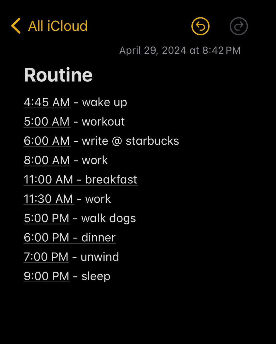 want to do more long form written content on my personal socials but need about 2 hours of uninterrupted time been trying to do this in the evenings but it’s just not working brain is useless also not willing to move morning workouts so going to try out this routine: