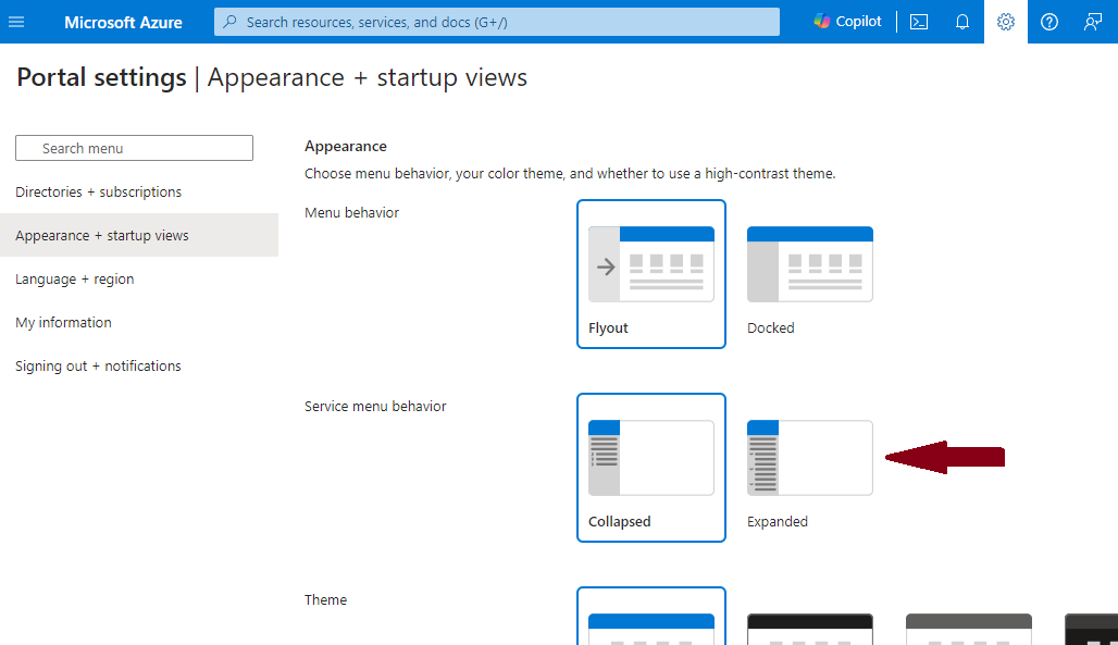 Annoyed by Microsoft's recent Azure portal change that collapses all the menus? Go into the settings menu in the top right, 'appearance' menu and select 'Expanded'. Life's good again!