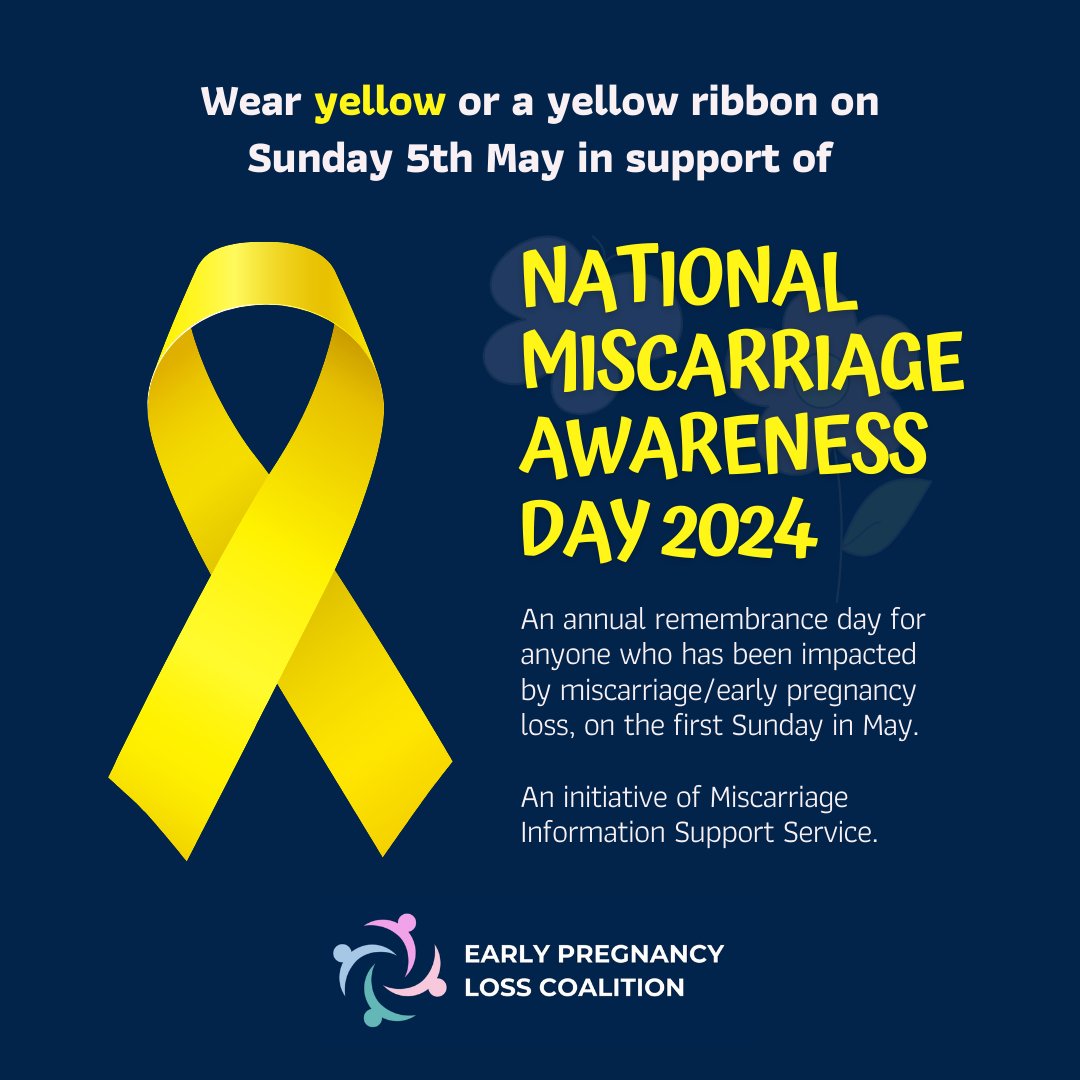 Wear yellow (or a yellow ribbon) on Sunday 5th May in support of National Miscarriage Awareness Day. 🎗️

An annual day of remembrance, one week before Mother's Day, for those who have been impacted by miscarriage/early pregnancy loss.

An initiative by miss.org.au