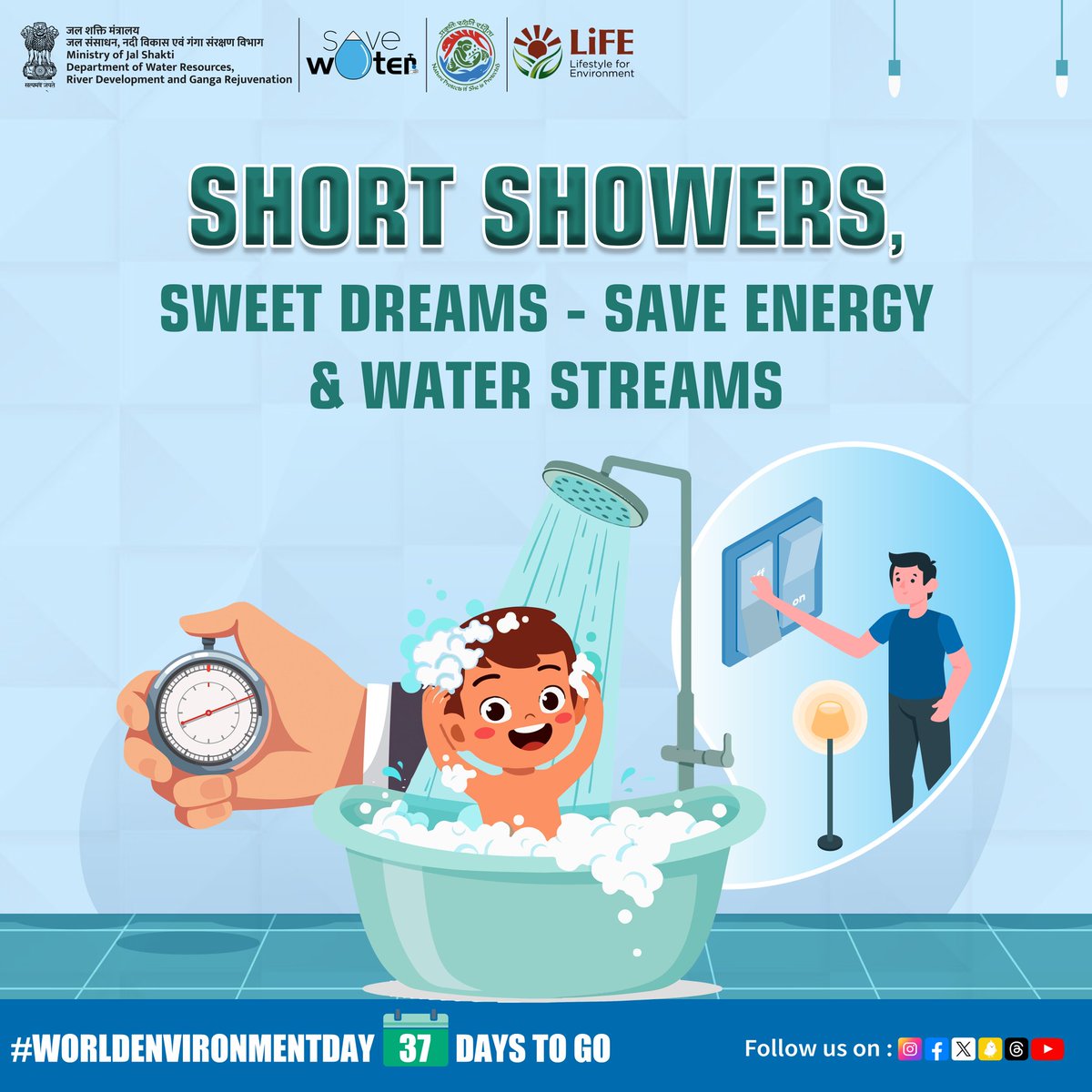 Shower Power! How much difference can you make in 5 minutes? Every minute counts when it comes to saving water and energy. Shortening your shower by just 5 minutes can make a big impact. Join #MissionLiFE and let's make a difference together! #ProPlanetPeople #WED