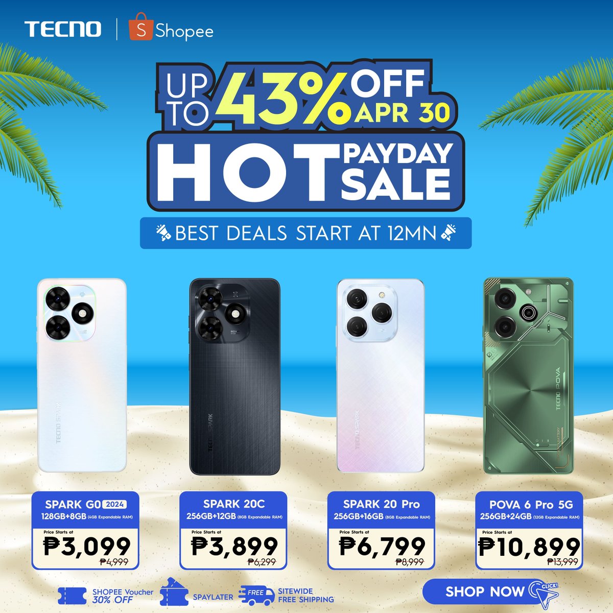 It's time for the TECNO HOT PAYDAY SALE! Grab your dream phone at incredible discounts - up to 43% off! Add to cart now and check out by midnight on April 30 to maximize your savings! See you at the checkout: shopee.ph/tecnomobileoff… #ShopeePaydaySale #TECNOPhilippines