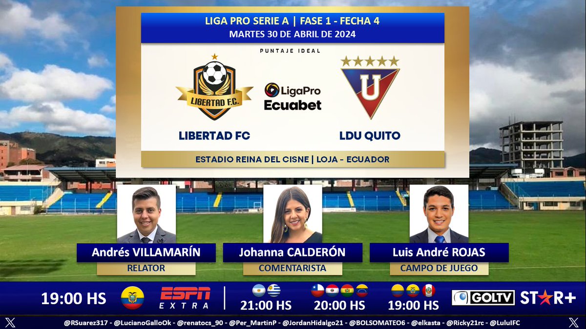 ⚽ #LigaProEcuabet 🇪🇨 | #Libertad vs. #LDU 🎙 Relator: @andevillamarin 🎙 Comentarista: @johacalderon11 ⛳️ Campo de juego: @luisandrerojas 📺 #ESPNExtra 🇪🇨 📺 #GolTV Latinoamérica 💻📱@StarPlusLA 🤳 #LIGAPROxESPN - #ESPNenStarPlus Dale RT 🔃