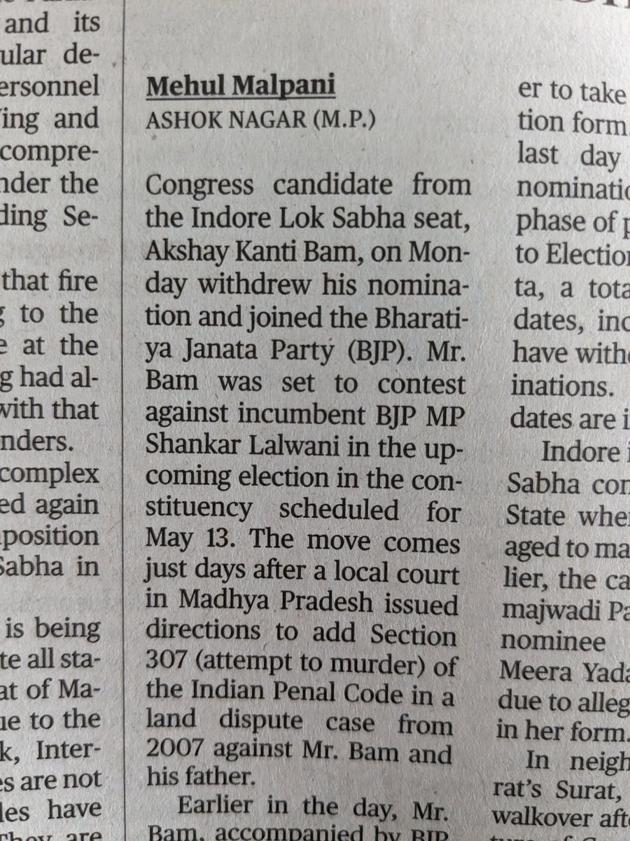 A local court in MP issues directions to add Section 307 (attempt to murder) of the IPC in a land dispute case against Congress candidate Akshay Kanti Bam. A few days later, he withdraws his candidature, joins the BJP.