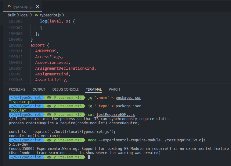 After many import rewrites and a couple of tweaks, it looks like it may be possible for TypeScript to go ESM, including the public API, without breaking CJS once --experimental-require-module is unflagged (assuming github.com/nodejs/node/is… makes progress). Very very very cool.