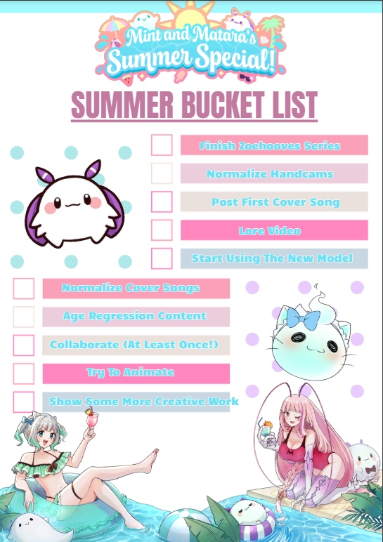 VTuber summer bucket list! A lot are goal-oriented but I tried www

#mintaramondays