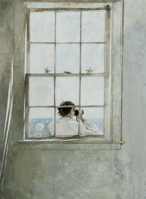 “Starfish,”Andrew Wyeth.1986 watercolor on paper.
Depicted is Andrew’s wife, Betsy, with her binoculars.
Maureen King
He used an egg tempera and a certain brush stroke I've read. Straight brush a side of the brush maybe. It's just unreal his technique. Never duplicated.