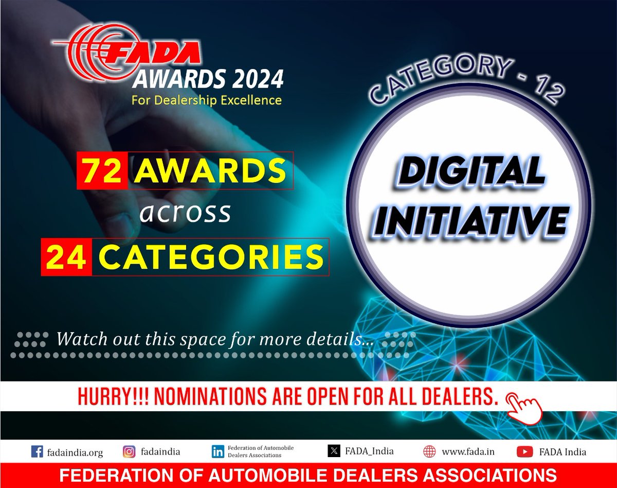 Calling all dealerships to light up the digital realm!

The FADA Dealership Excellence Awards 2024are now open for submissions in the Digital Initiative category. Show us your digital prowess and seize the chance to shine! 

Link: fada.in/event-details.… 

#FADAAwards2024