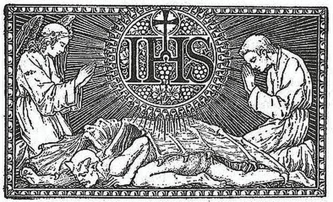 The solar symbol employed by the Jesuits goes back to Atonism.  There is something beneath as well as behind the bright rays of the sun.  We see what looks like an angel and a monk on either side of the fallen Satan.  Are they worshiping the sun or the Fallen One?