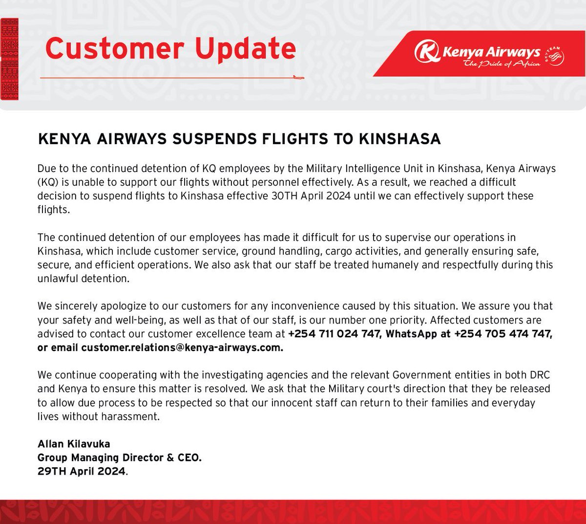 🌐 Kenya Airways has suspended flights to Kinshasa, DR Congo due to the detention of two airline staff members by the Congolese military. The military suspects the staff of being involved in smuggling money to fund rebel groups.