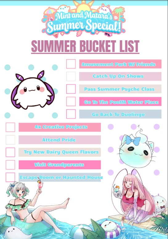 ❄️ Made a cute little bucket list!! I wanna do so much over the summer :00 VTuber version over on that Twitter too for channel-related stuff (it's more goal-y tho).

#mintaramondays