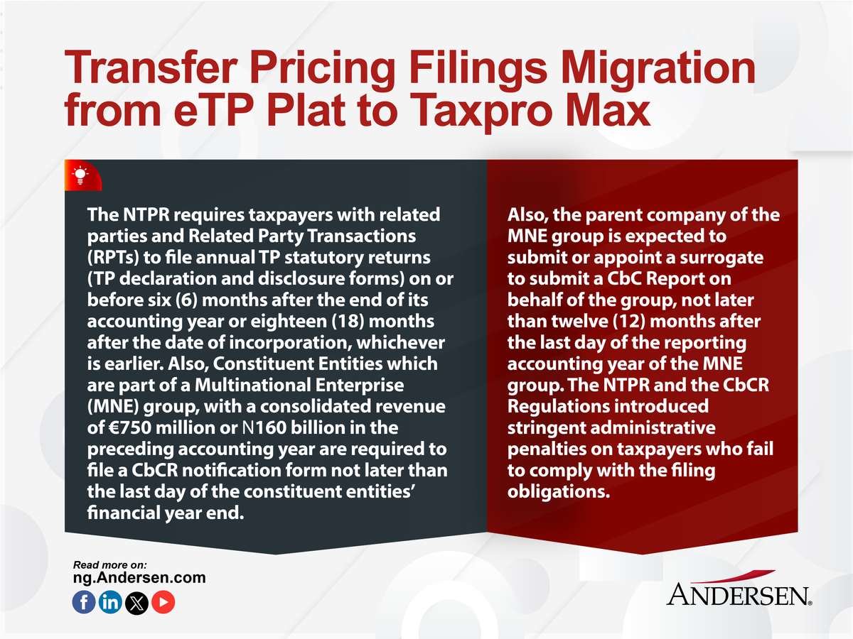 Ensure compliance with Nigeria's Transfer Pricing Regulations! Learn about the filing requirements for related party transactions and multinational enterprises. 

ng.andersen.com/transfer-prici…

 #TransferPricing #Compliance #NigeriaTax #CbCR #FilingRequirements