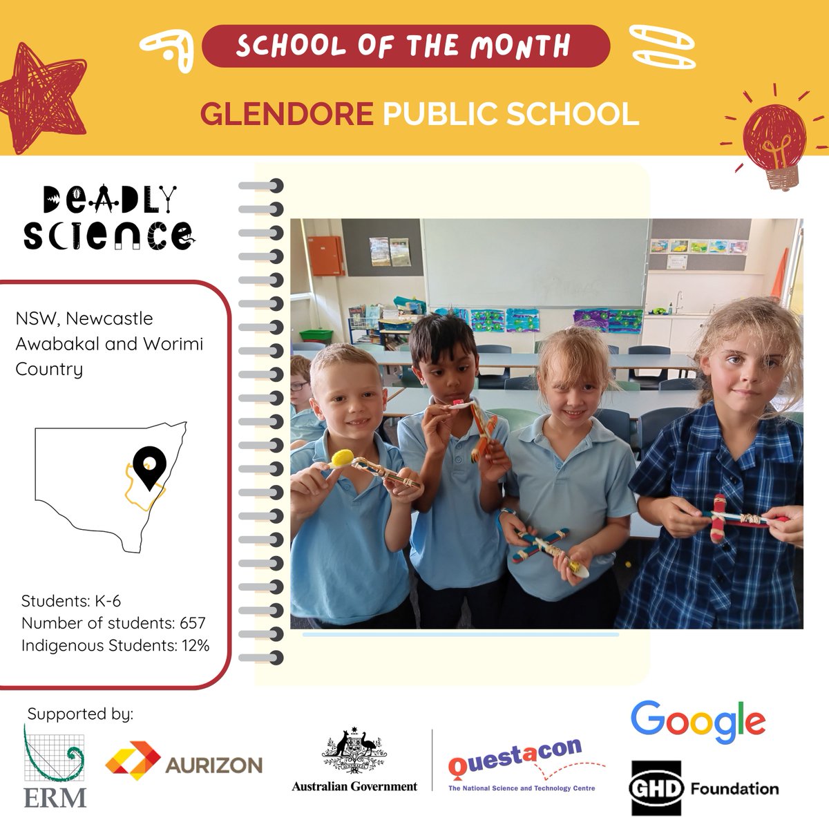 Celebrating our latest School of the Month - Glendore Public School! The School of the Month will receive a deadly gift pack thanks to Aurizon, ERM, Google Australia, GHD Foundation and Questacon Do you want to be the next School of the Month? Email: admin@deadlyscience.org.au